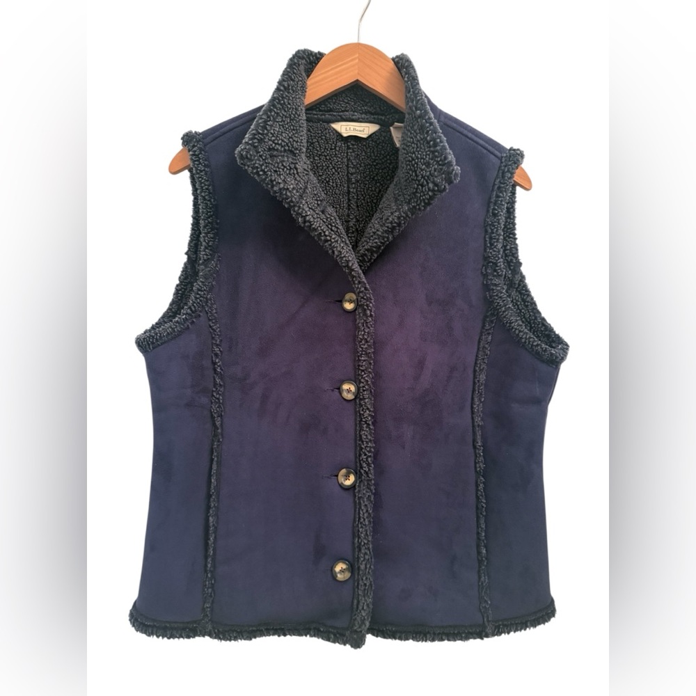 Vintage L.L. Bean Blue Faux Suede Sherpa Lined Vest Button Medium Cozy